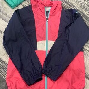 Columbia Pink and Navy wind breaker, gently used. Pet friendly home.
